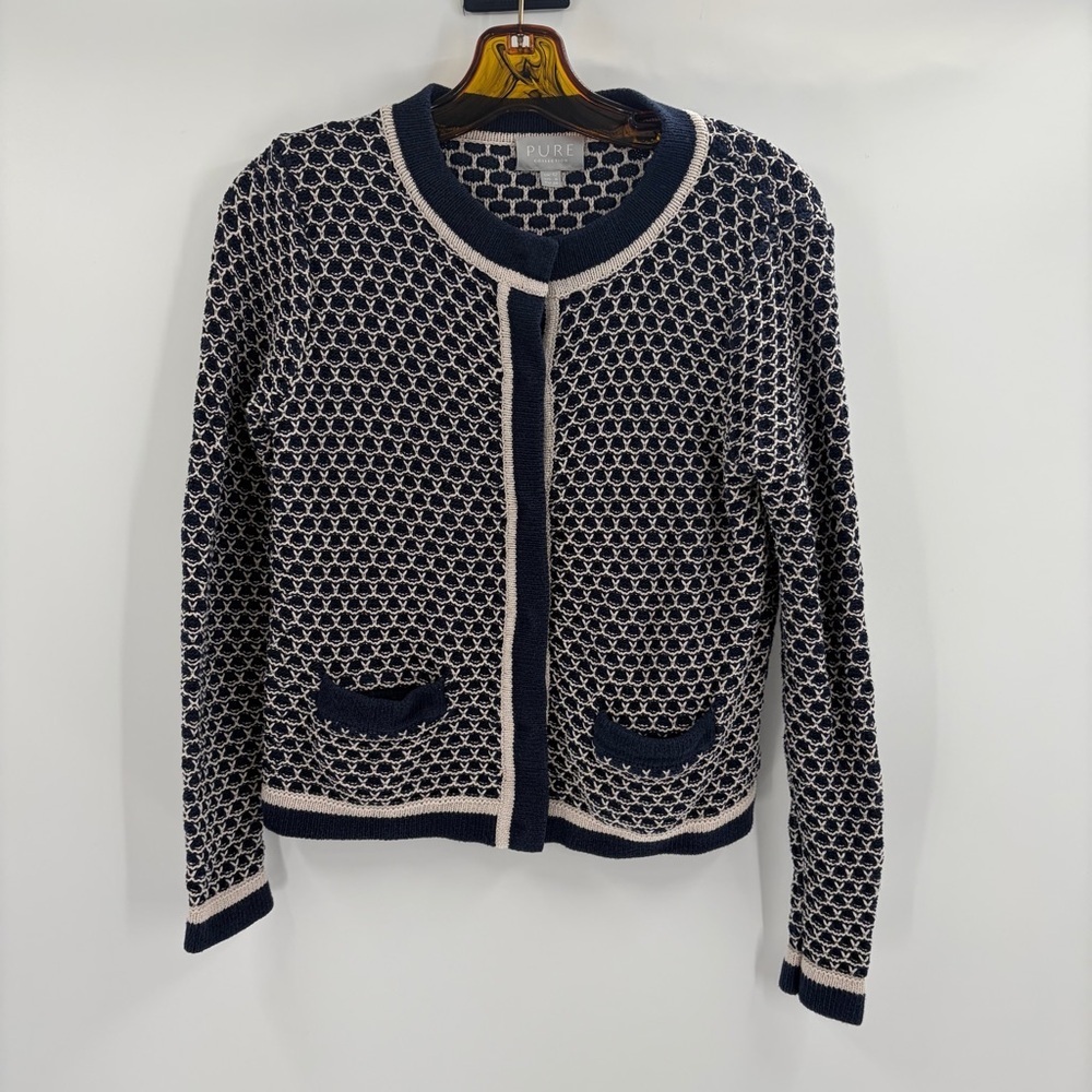 Pure Collection Long Sleeve Cotton White Knit Classic Navy Sweater Cardigan Sz 6